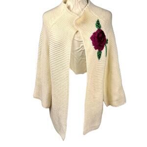 VTG Chunky Rose Applique Knit Cardigan XL Cream Romantic Twee Cottagecore Cozy